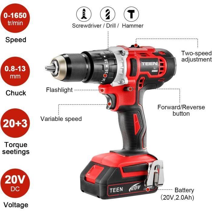 Perceuse Visseuse Sans Fil - TEENO - 20V - 45Nm - 2 Vitesses - 2 Batteries 2Ah