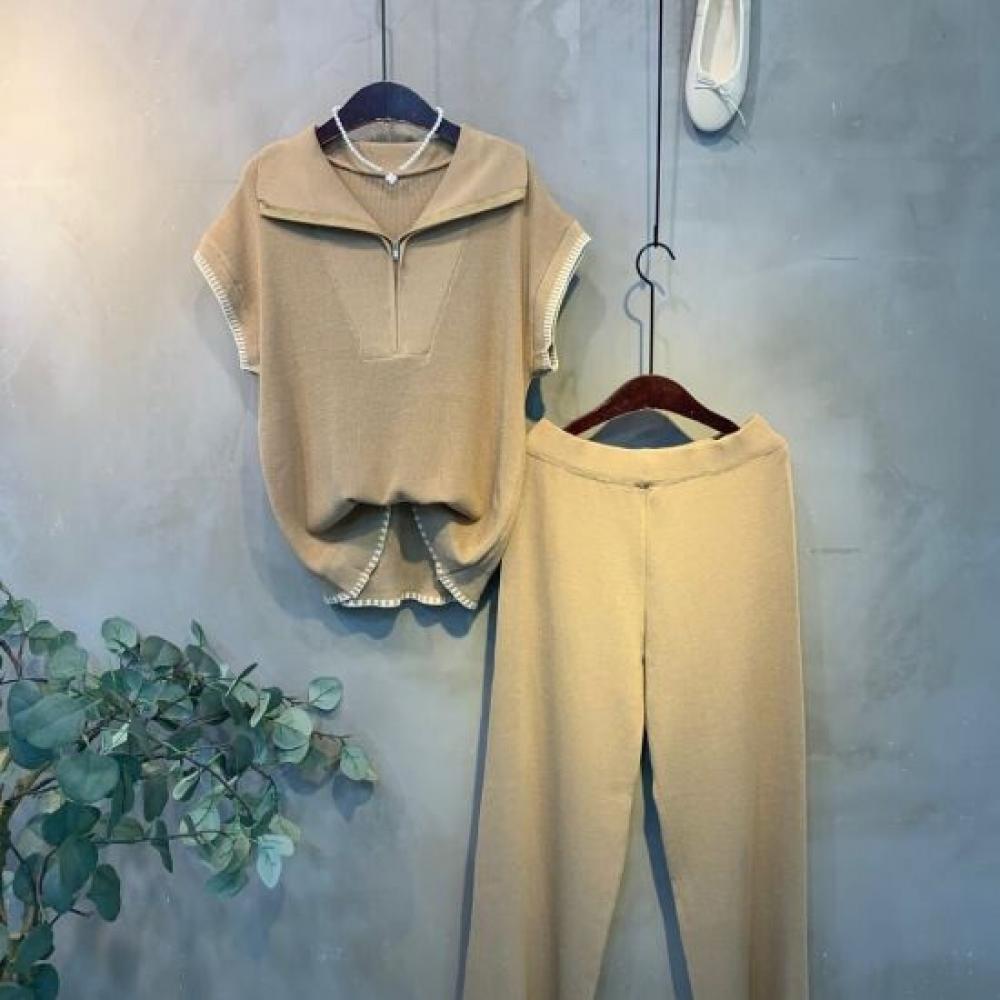 C S In The Room Cano End StitCh Cap Sleeve Zip Knit Wide pantS Set 3 ColorS