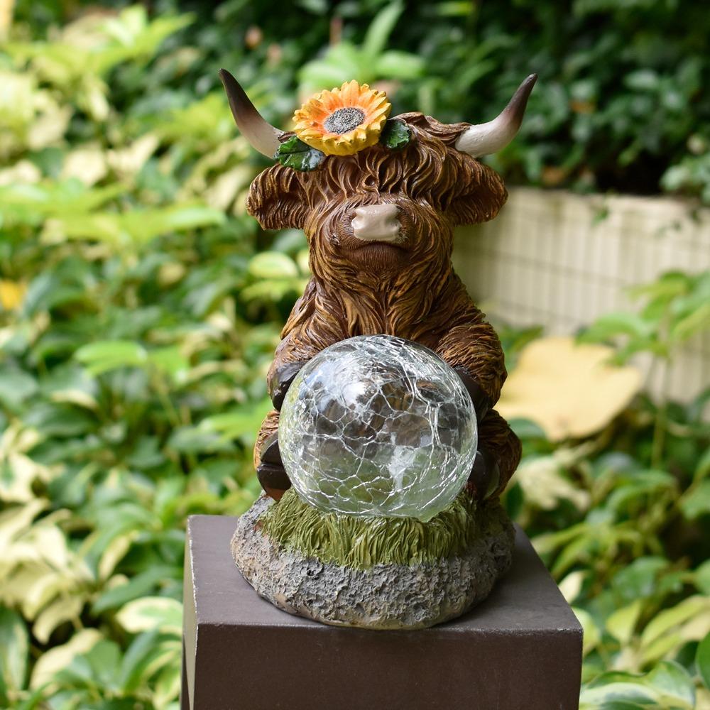 Resin Highland Cow Solar Garden Statue With Welcome Sign & Sunflower Solar Lantern Outdoor Yard Lawn Decor Ornament