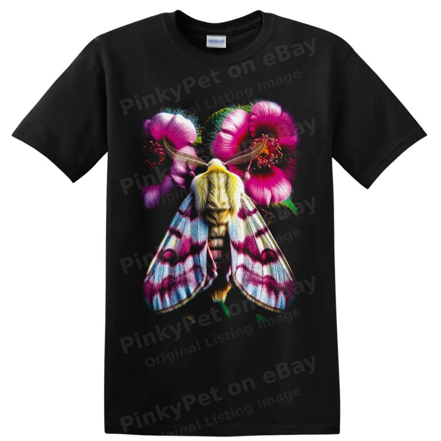 Colorful Moth W/ Pink Hibiscus Flowers Botanical Nature Graphic T Shirt Tee Art