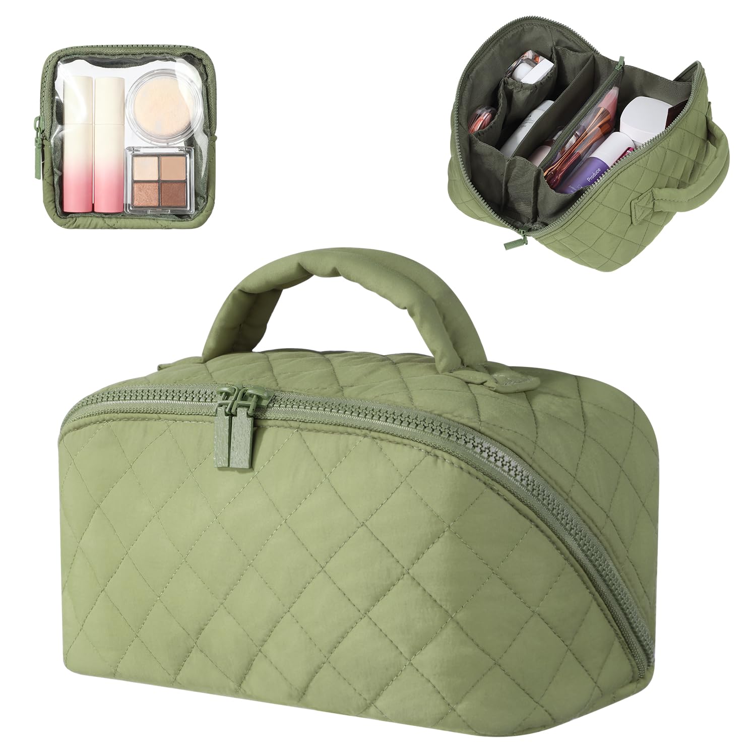 Women s makeup bag, wide-open flat makeup case, makeup bag, large-capacity 180° opening makeup storage bag зелёный