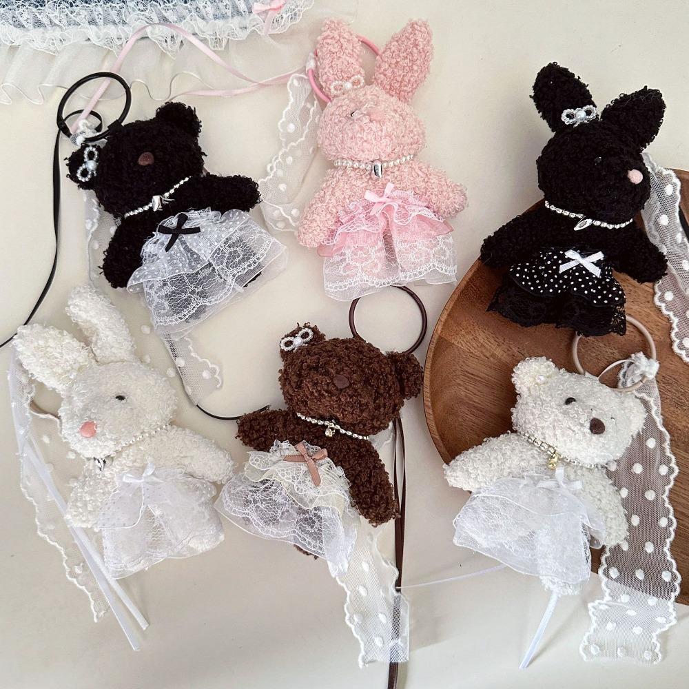 PP Cotton Plush Rabbit Pendant Pearl Y2K Doll Bag Charm Stripe Lace Skirt Bear Keychain  Couple