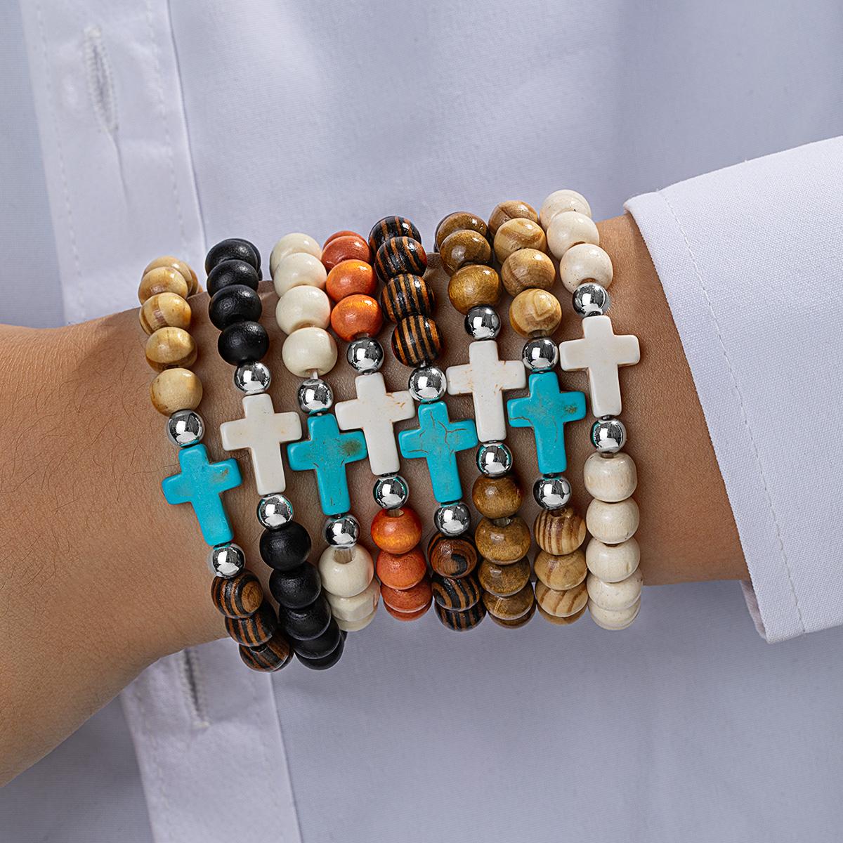 

8 pieces of colorful patterned wooden bead cross bracelet, layered and worn for both men and women