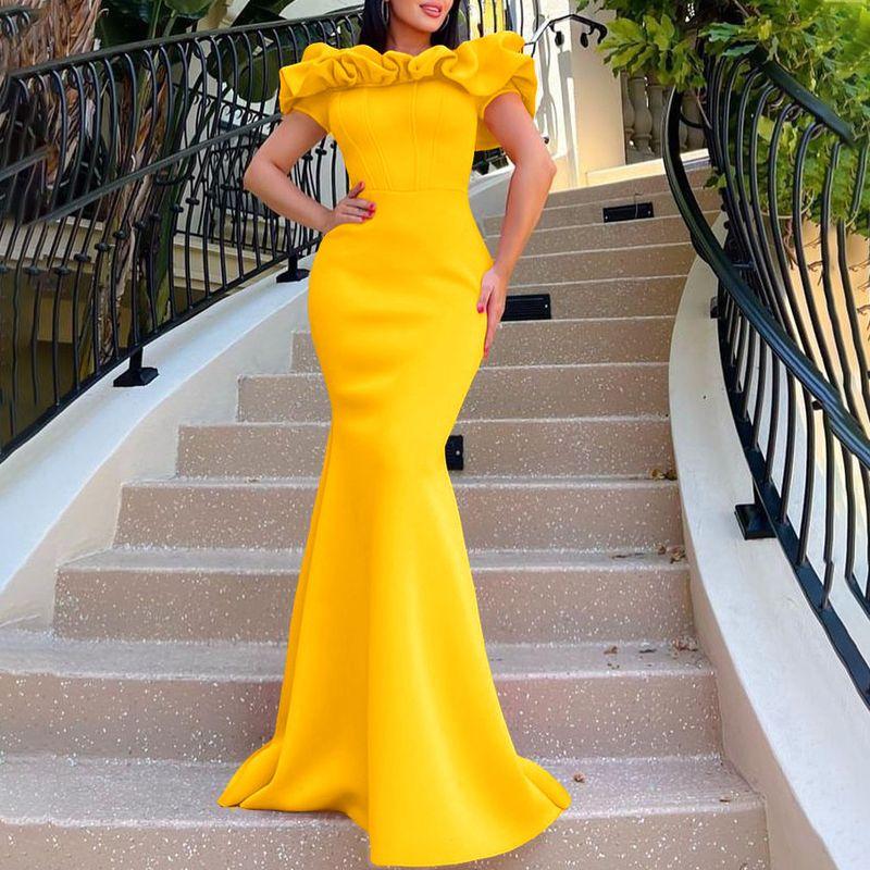 

off Shoulder Evening Dress European and American Fashion Women clothes Solid off-Shoulder Collar Long dress Evening dress Golden yellow 3XL