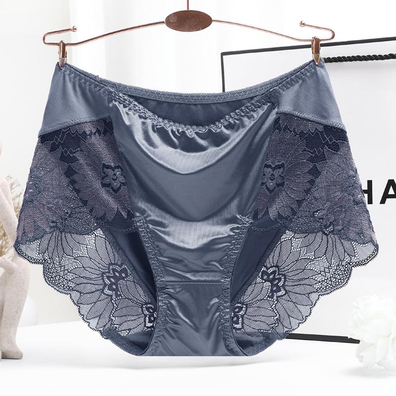 Modal Satin Lingerie Silky Triangle Underwear Sexy Lace Underpants Pure Cotton Mid Waist Briefs Plus Size Panties