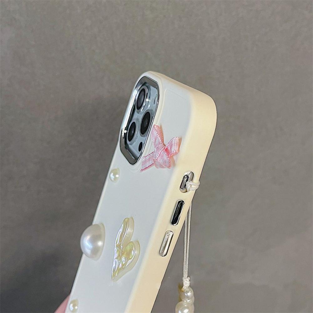 Cute Pearl Heart Bow Bracelet Chain Soild Color Case For Iphone 14 13 12 11 Pro Max X Xs Xr Plating Lens Protective Soft Cover