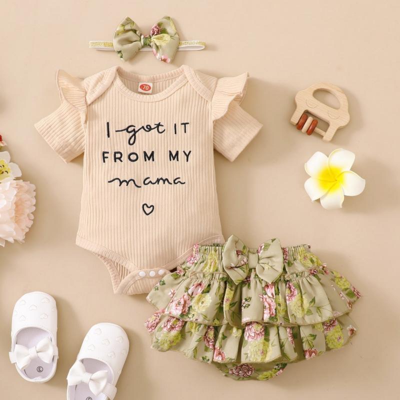 Nuovo Outfit Estivo Stile Fatina Abbigliamento per Bambini Tuta con Pantaloncini Set Abbigliamento Estivo Floreale Dolce Piccola Principessa