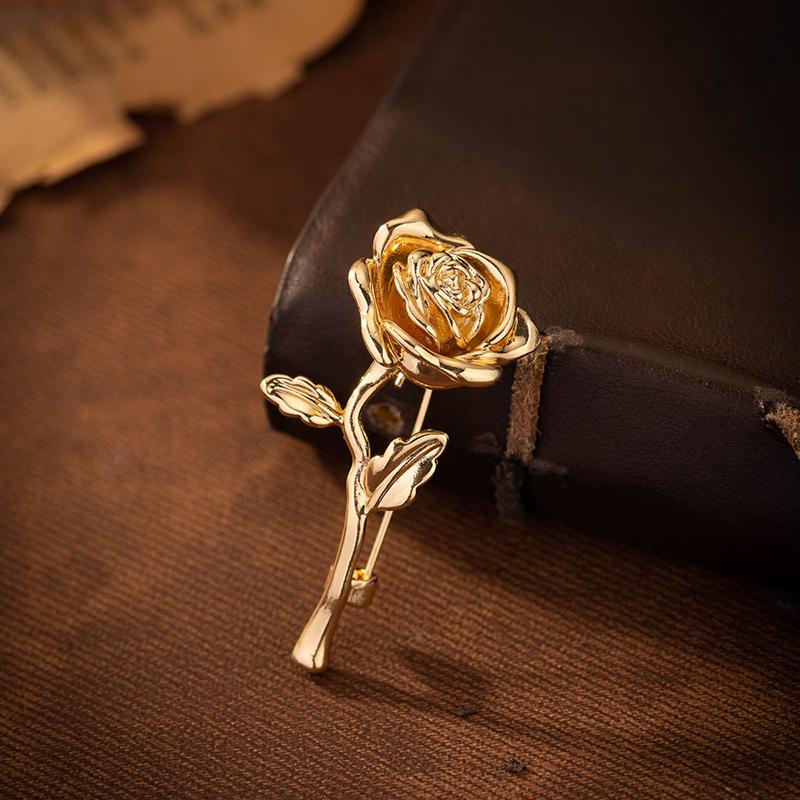 Luxury High-End Gold-Tone Rose Flower Brooch Pin For Women & Men - Elegant Suit Coat Badge Fashion Jewelry Lapel Accessory