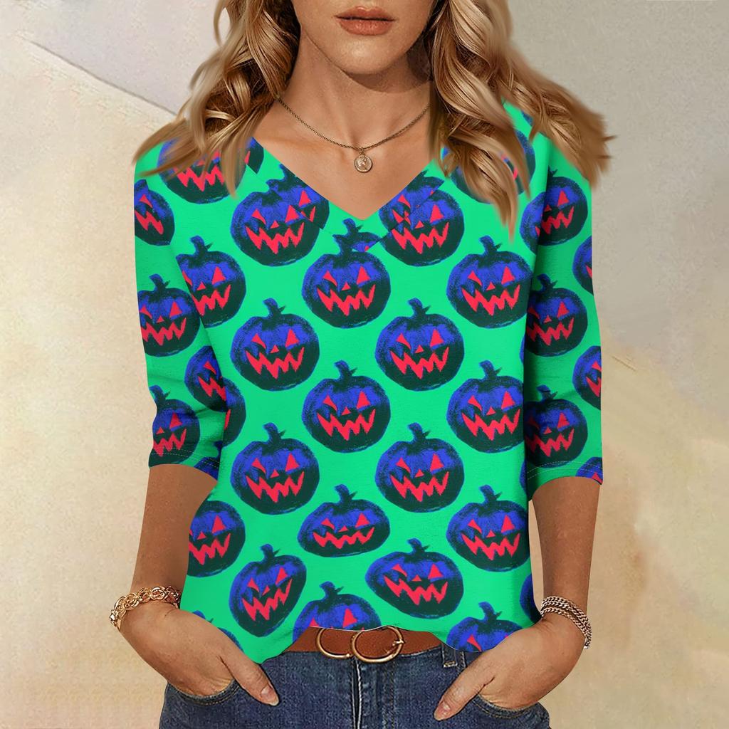 Women's Casual Halloween Print V-Neck Three-Quarter Sleeve Top
