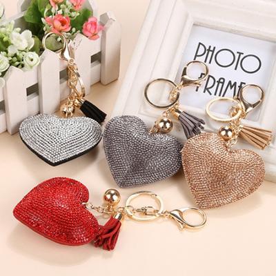 Women Romantic Key Chain Love Heart Shape Rhinestone Tassels Bag Charms Keyring