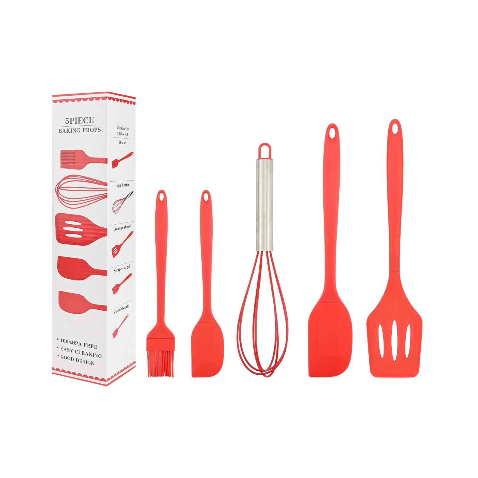 Cross-border silicone baking set 5-piece set High temperature resistant silicone scraper Split baking scraper Oil brush Egg beater (as the picture,5-piece split baking set [red])