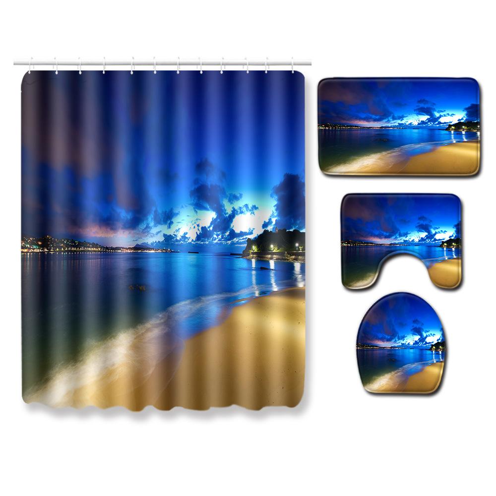 Landscape Shower Curtain Floor Mat Combination Four-Piece Set Bathroom Toilet Carpet Shower Room Mat Foot Mat