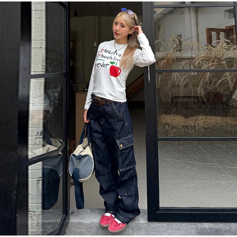 Retro Multi-Pocket Straight Leg Work Pants Loose Fit Jeans Women's 2025 Spring Autumn Trendy Denim Folded Wide Leg Jeans Office Lady Streetwear