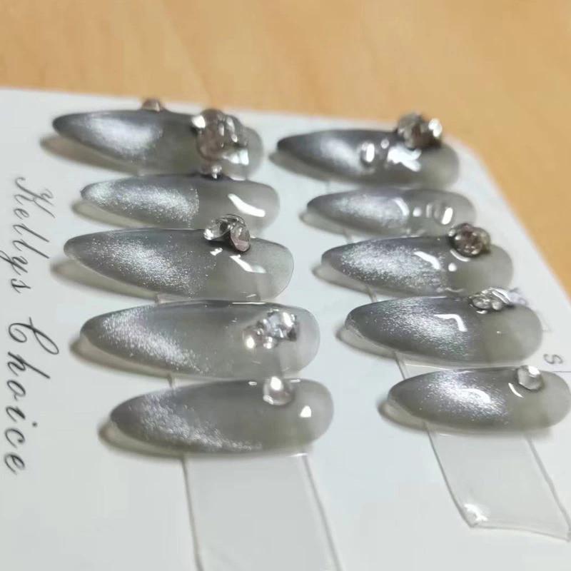 100% HANDGEFERTIGTE Mandelform Künstliche Nagelkunst Rauchgrau Diamant French Katzenauge Pentagramm Minimalistische Nägel Wiederverwendbare und Abnehmbare Falsche Nägel