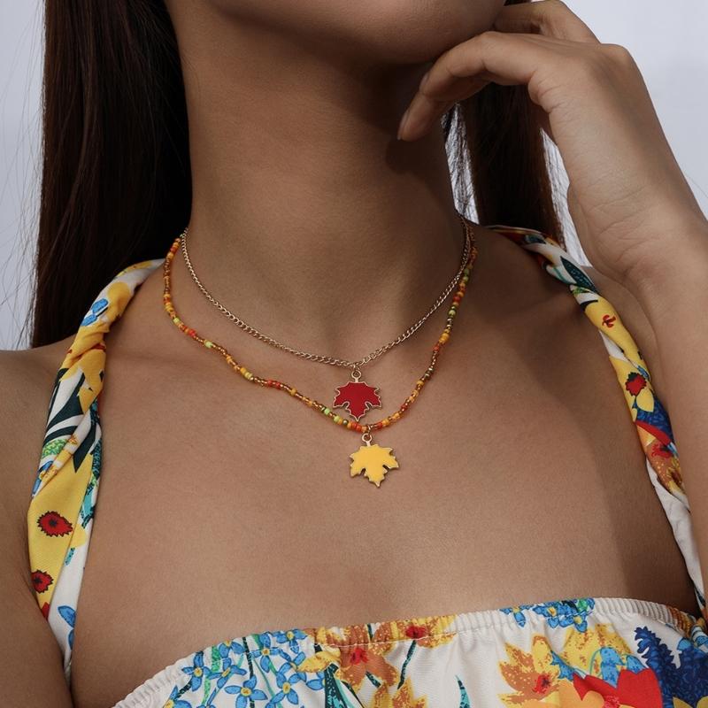 Fashionable Maple Leaf Pendant Necklace Crystals Autumn Leaves Jewelry for Women with Dainty Double Layer Designs