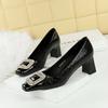 BIGTREE Spring and Autumn Women Pumps Square Toe Rhinestone PU 5CM Square Heel Shallow Square Button Dress Woman Shoes