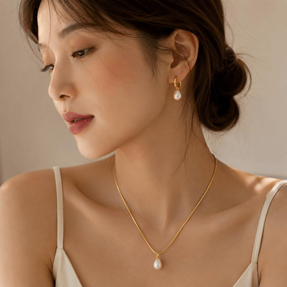 Imitation Pearl Pearl Necklace Set Waterproof Two Piece Jewelry Set For Women