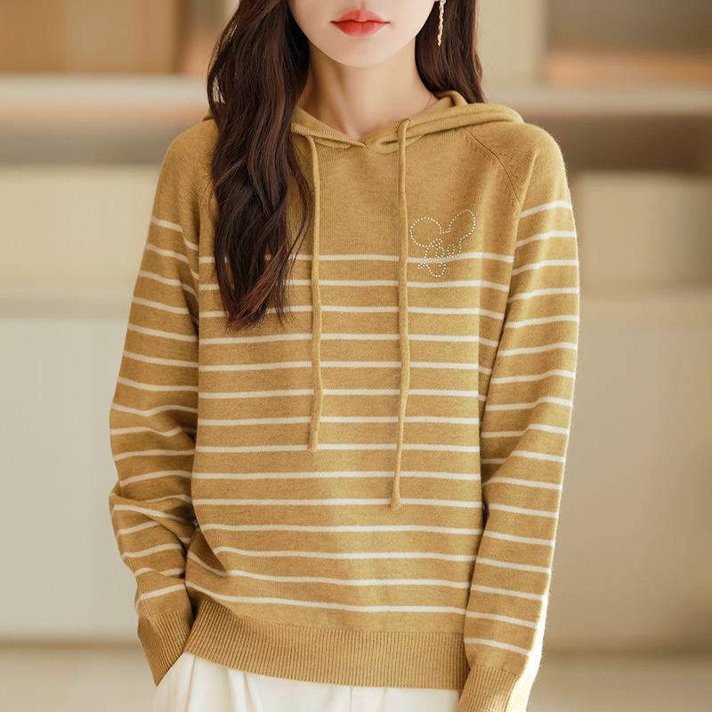 Autumn and Winter Hooded Sweater Women's Outer Thickened Fashion Knit Sweater Stripes Yanqi Thin Hooded Sweater