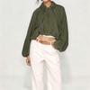 Women's Balloon Sleeve Zip Front Cropped Bomber Jacket with Turn Down Collar and Pleated Hem for Casual and Streetwear