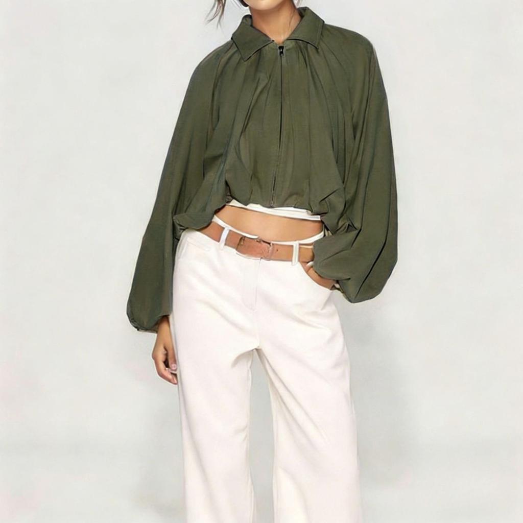 Women's Balloon Sleeve Zip Front Cropped Bomber Jacket with Turn Down Collar and Pleated Hem for Casual and Streetwear
