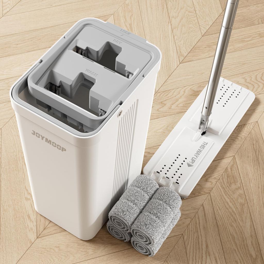 JOYMOOP Mop and Bucket with White Flat Squeeze Mop Bucket Set for Floor Wet Dry Mop for 155cm Mop with 4 Reusable Microfiber Pads Squeezer, Cleaning,