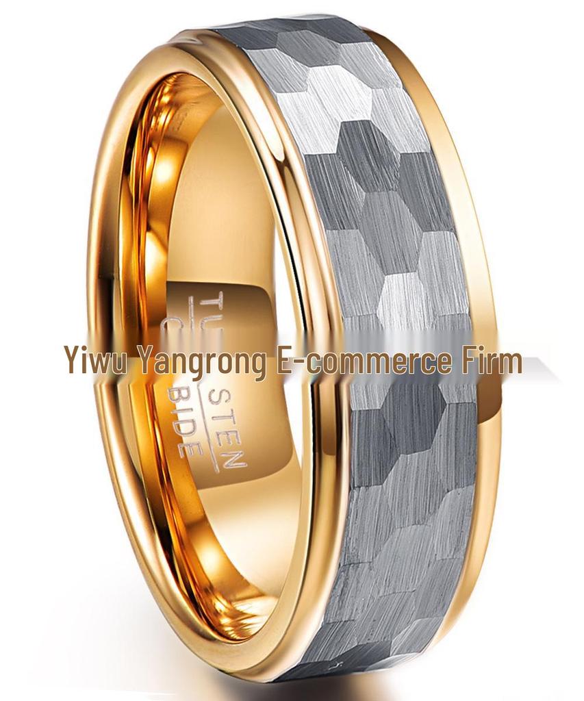 Silver-Gray Matte Hexagonal Tungsten Steel Ring with Gold-Plated Inner Circle - 8MM Wide