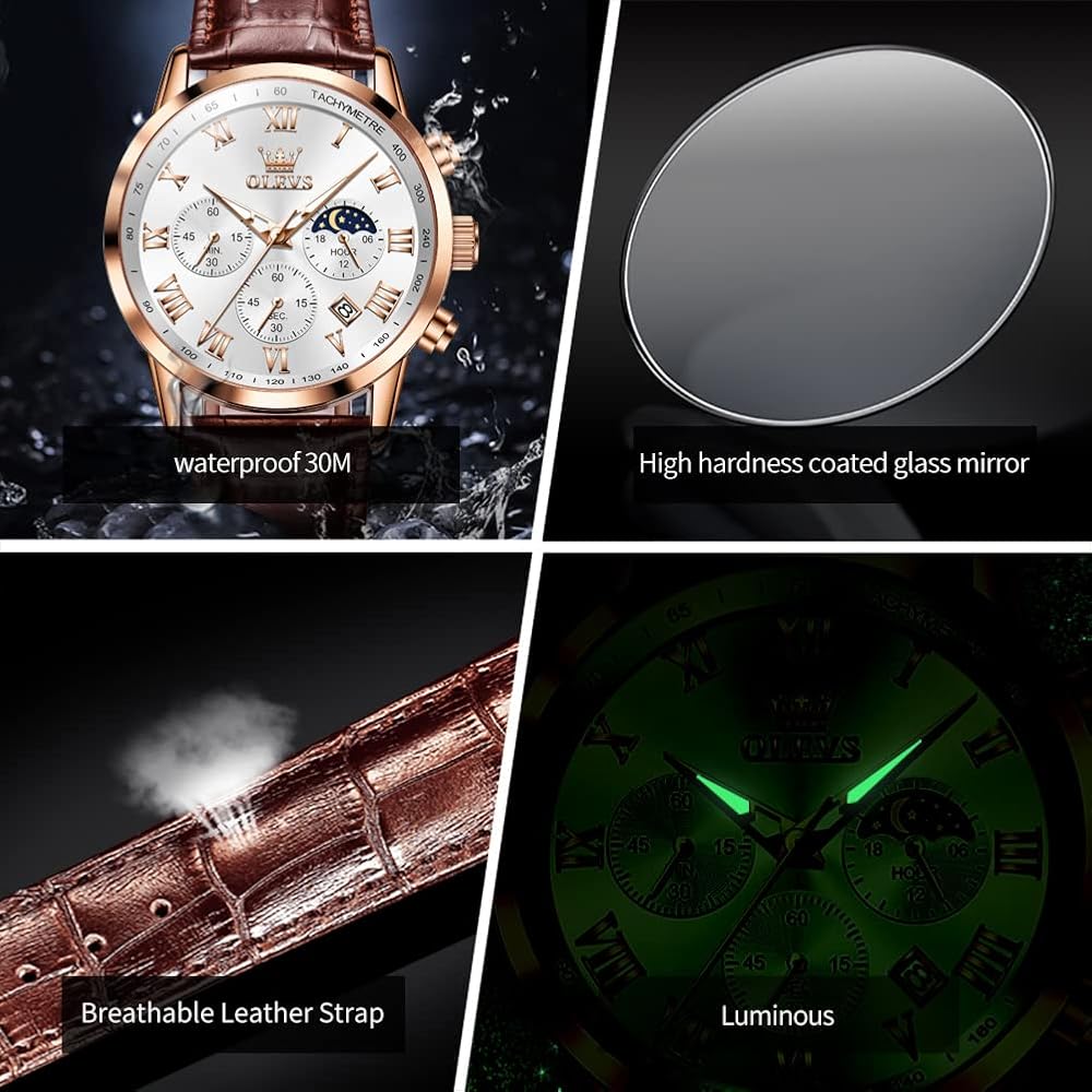 OLEVS Men's Analog Watch Brown Leather Band Waterproof Large Dial Quartz with Date and Luminous Features