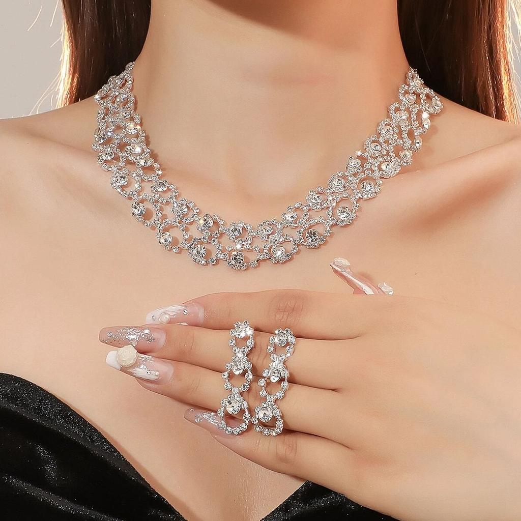 3pcs Women's Zircon Set Rhinestone Earrings Necklace New Wedding Party Luxury Fashion Accessories-4068
