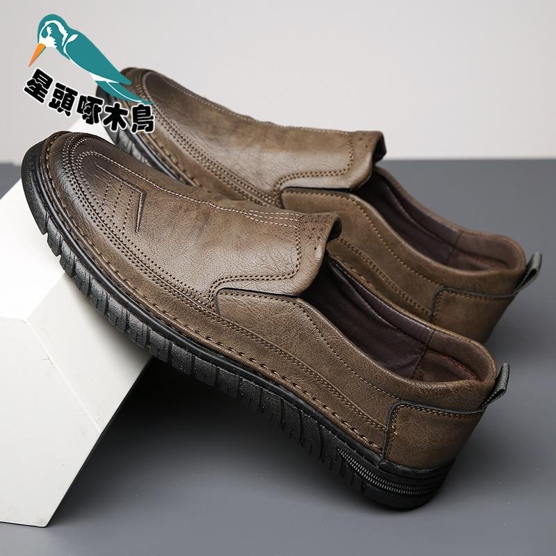 Men's leather shoes 2025 autumn new light breathable soft sole comfortable one-pedal leather shoes