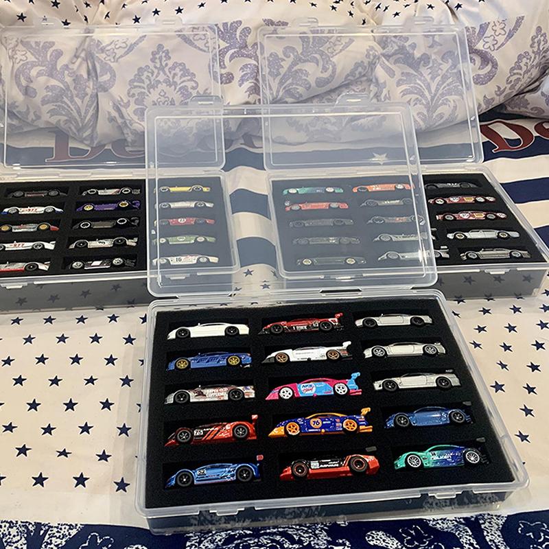 1/64 Auto-Modell Vitrine mit Schutz-Baumwollplatte, 15 Fächer Aufbewahrungsbox für Hot Wheels, Transportschutzbox