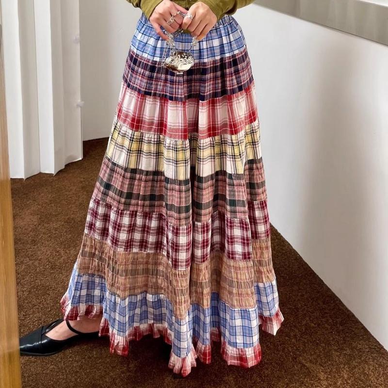 Women's Summer Sweet Fresh Plaid-Paneled A-Line Skirt - Vintage Gentle High-Waist Midi Skirt with Design-Forward Flair