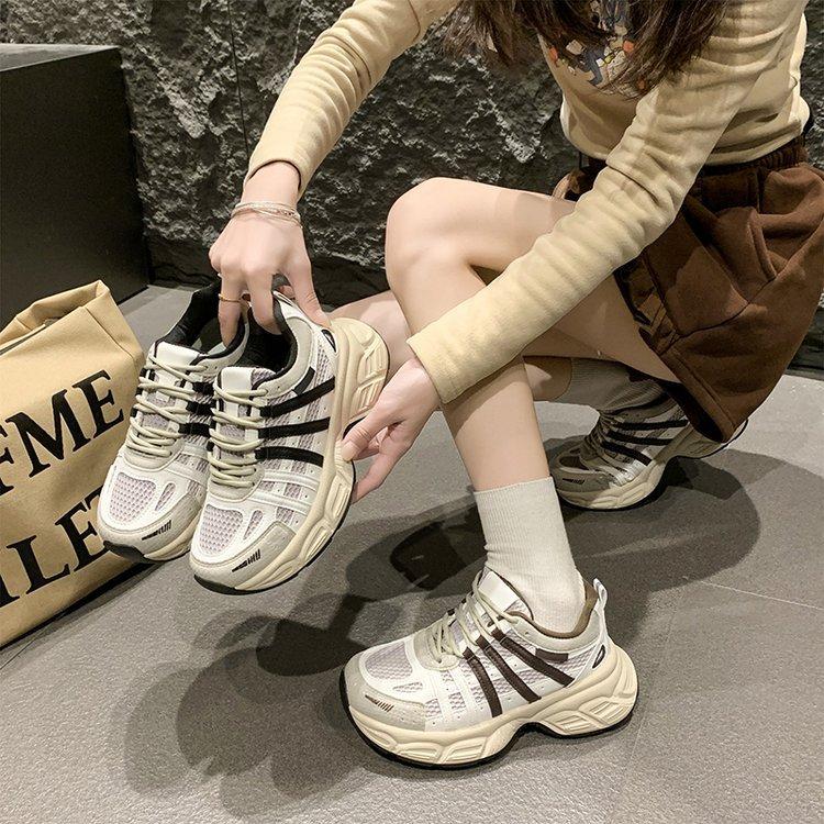 2025 new women's shoes breathable mesh leather dad shoes thick sole old sports casual shoes lace up dirty single shoes