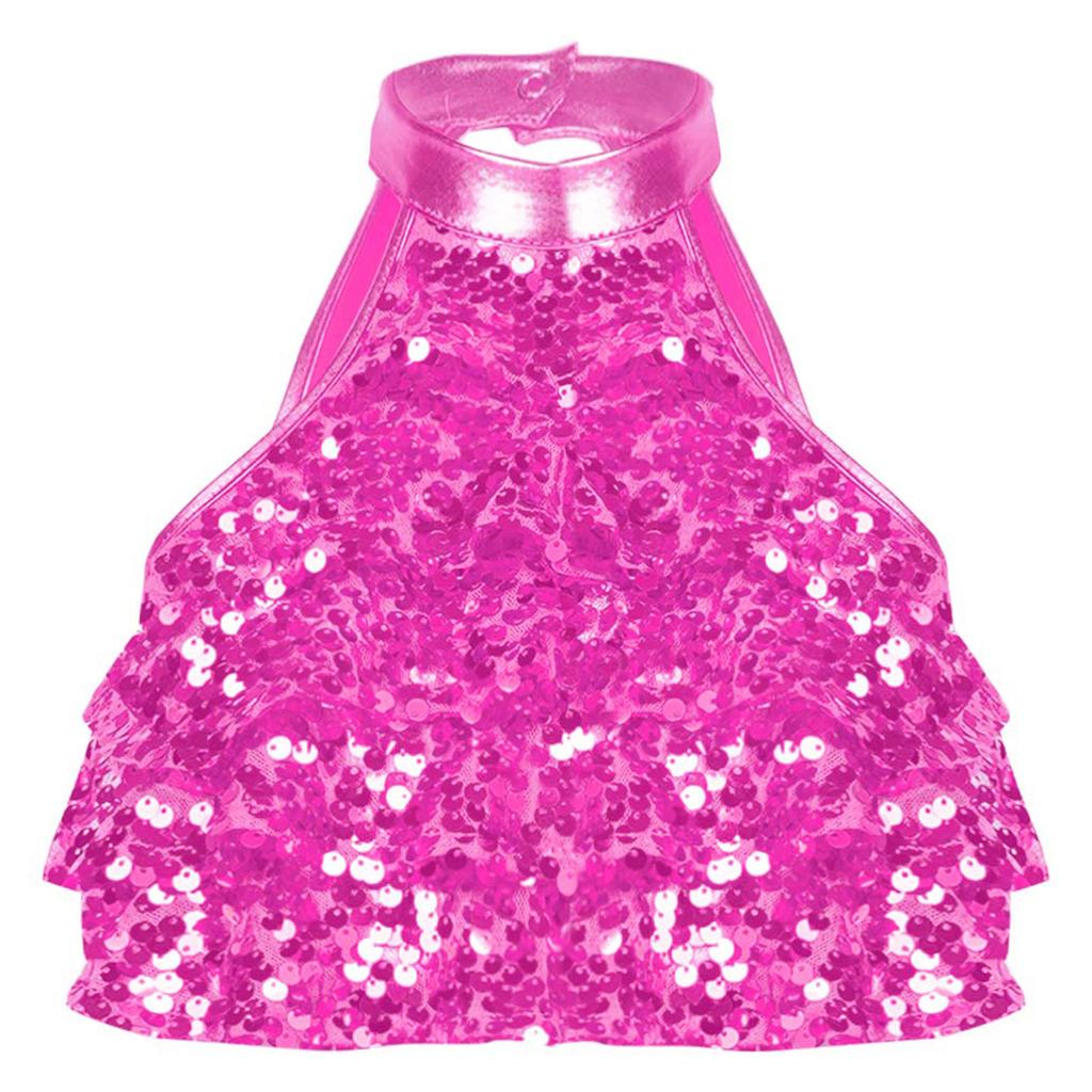 Girls Sleeveless Mock Neck Shiny Sequin Tiered Backless Crop Top Dance Performance Top