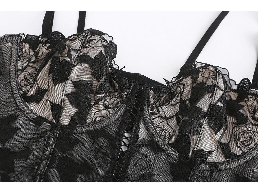 Rose Embroidered Lace Longline Bra Set