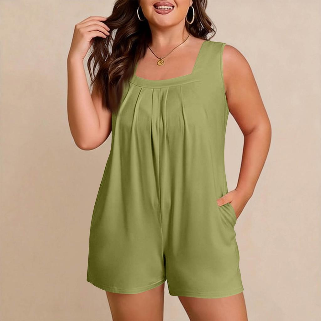 Women's Plus Size Casual Tank Top Sleeveless Pocket Jumpsuit Shorts Set