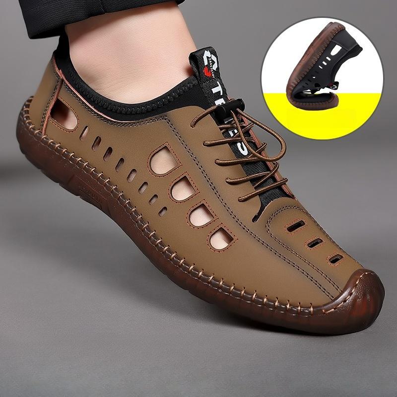 Fashion 2025 Summer Mens Handstitched Soft Leather Hollow-Out Sandals Breathable Casual Shoes Lightweight Soft Sole Comfortable Footwear