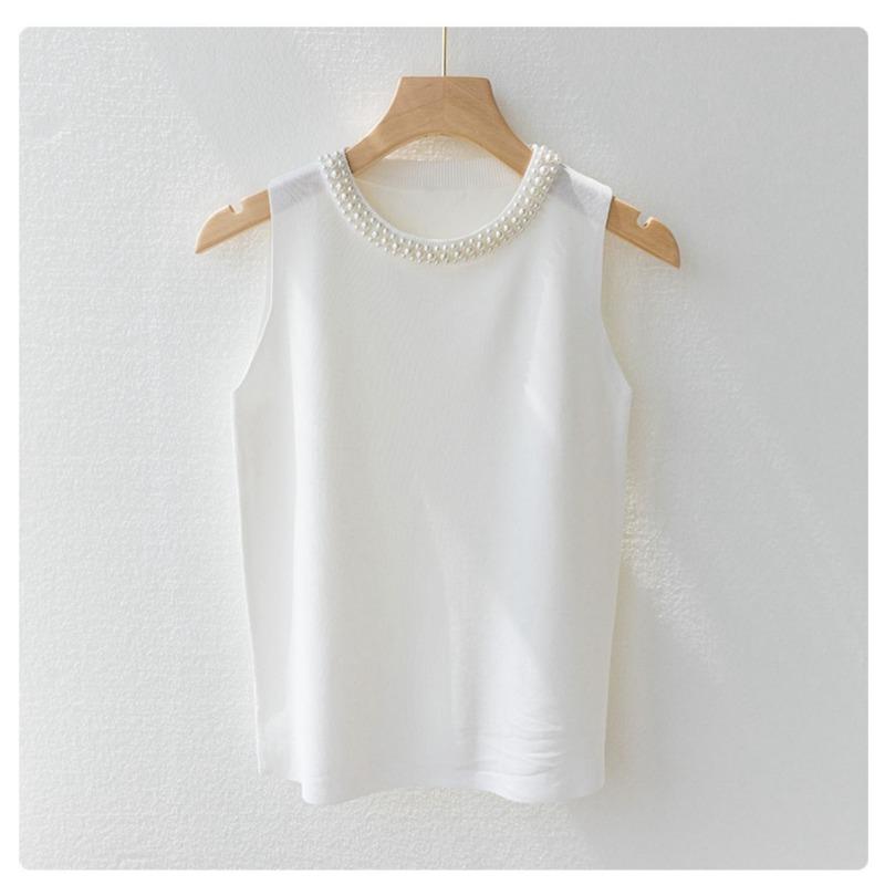 Elegant Women Sleeveless Beading Knitted Sling Fashion Vest New Casual Tank Tops Female Bottoming Shirt Camis Beads Knitted Sweater Tops 2465