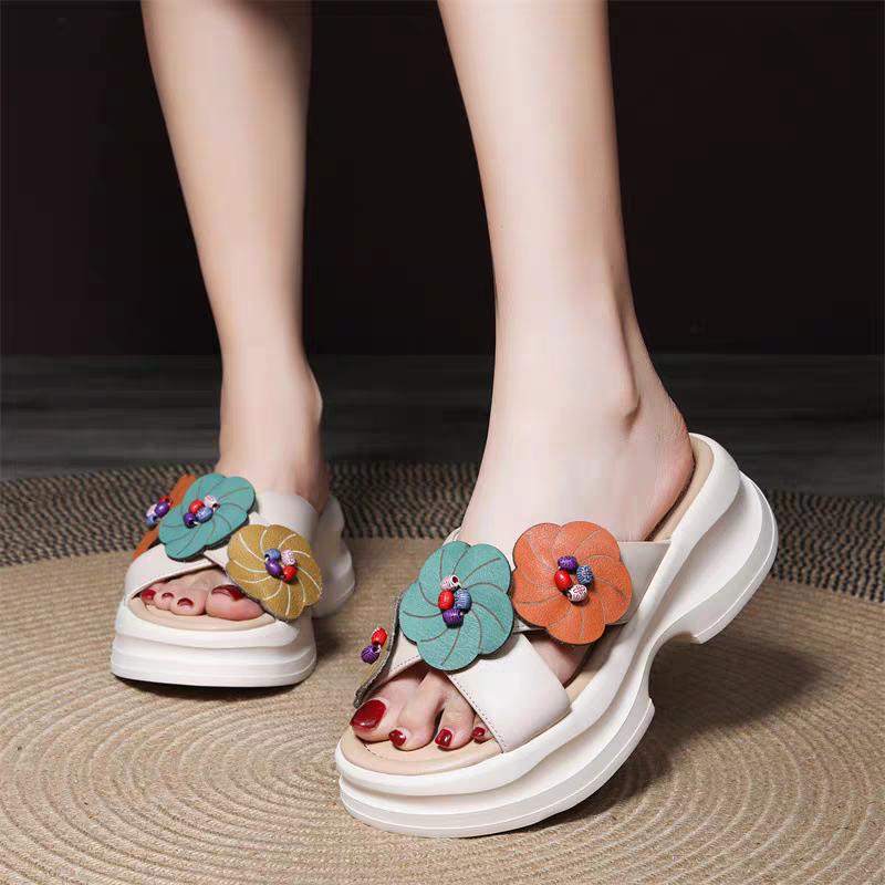 Fashion Summer New Slippers Women Fashion Round Head Beaded Cross with Flowers Waterproof Table Anti-slip Wear-resistant Sandals