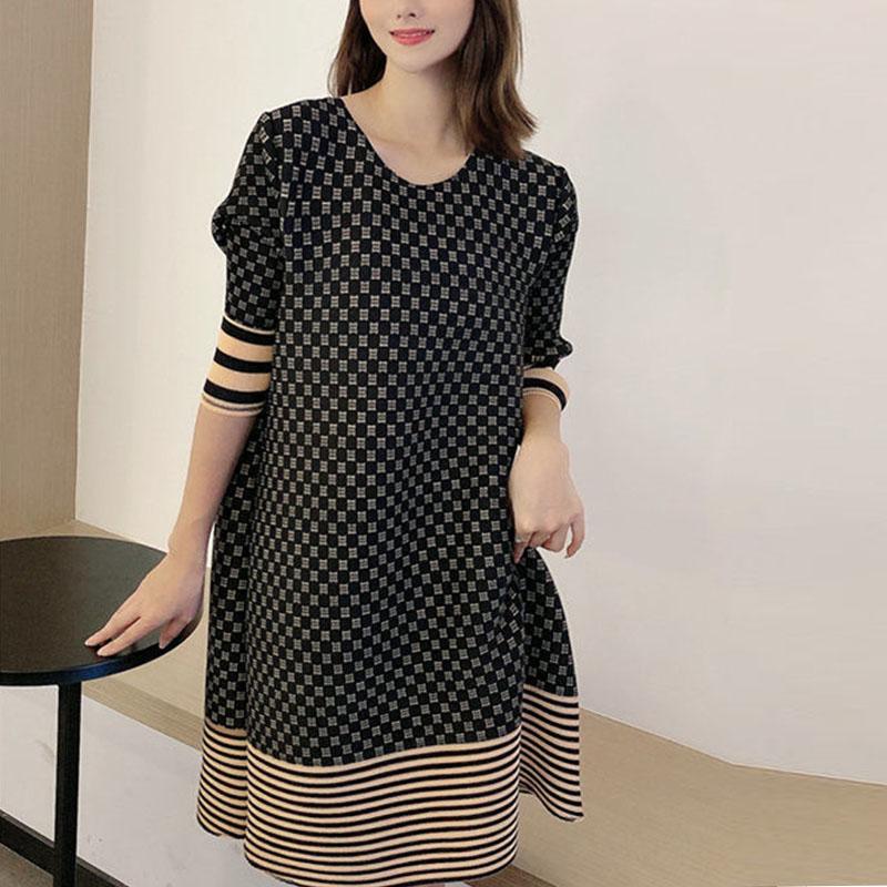 Vestido de moda para mujer de talla grande plisado de verano con estampado de aire extranjero para niño pequeño, holgado, con cuello en V, manga larga casual, tipo A