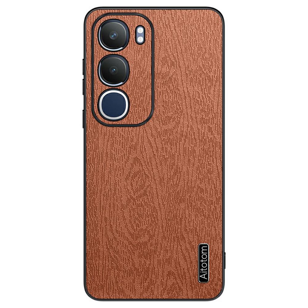 

For vivo Y19s 4G Case Wood Texture PU Leather Coated PC+TPU Phone Cover B