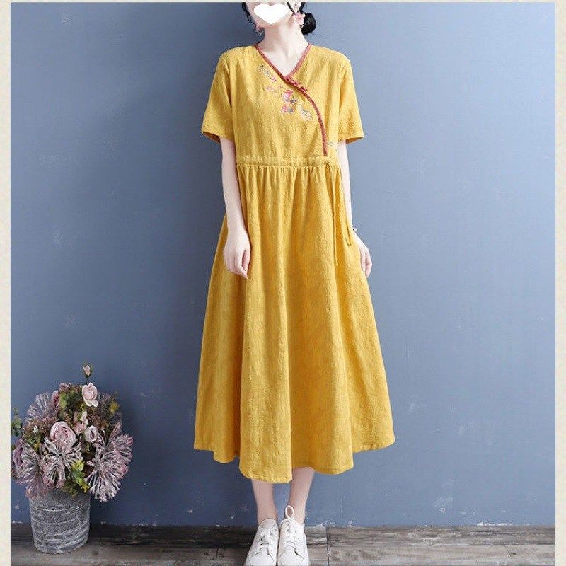 

New Summer Cotton an Linen Oblique Lapel Button Embroiere Sh Yellow M
