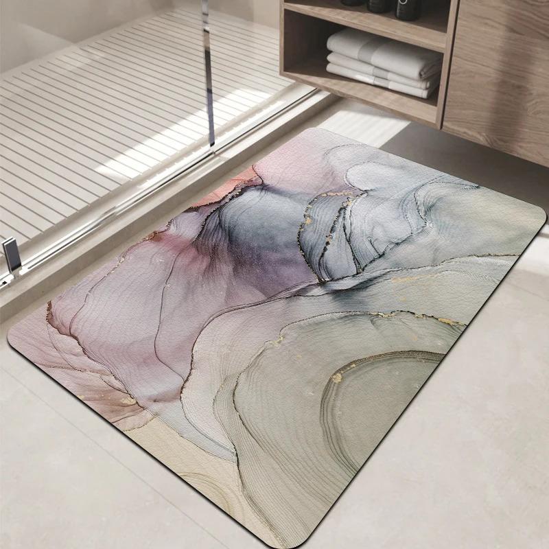 Luxury Watercolor Marble Bath Mat, Non-Slip Bathroom Rug, Gold Accent Floor Mat for Shower, Vanity  Entryway Decor