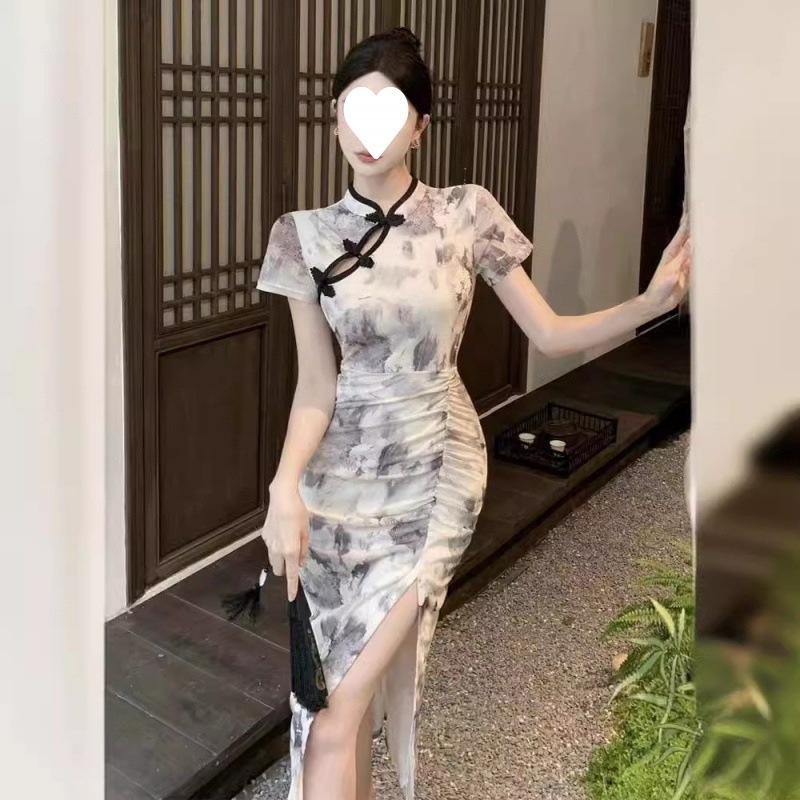 Retro Guochao Printed Improved Cheongsam High Split Fork Daily Hip Wrap Pleated Waist Medium and Long Dress