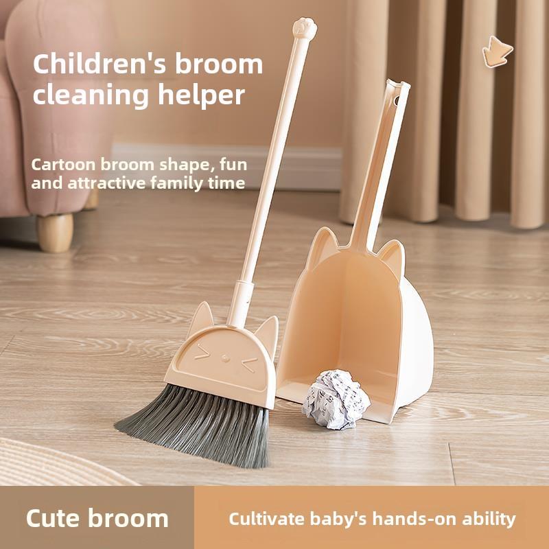 Mini Children Broom and Dustpan Cartoon Cat Flexible Bristles Kids Pretend Play Toddlers Indoor Outdoor Floor Sweeping Tool Set