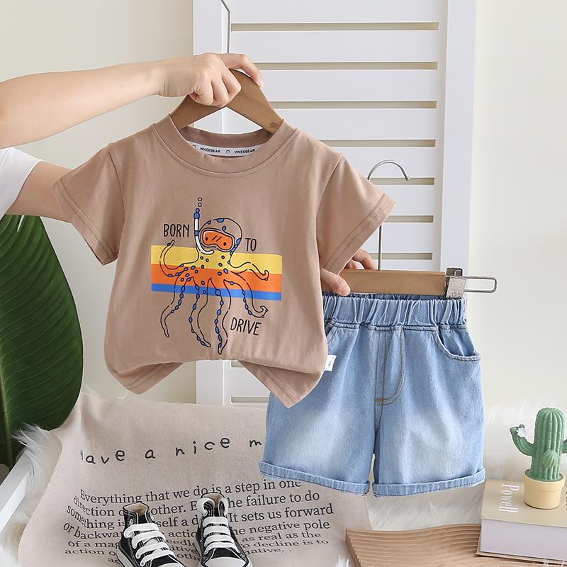 

Комплект з короткими рукавами для хлопчика, дитяча повсякденна футболка з мультфільмами + джинсові шорти, комплект із двох предметів, милий одяг для хлопчиків та немовлят XXL коричневий