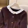 Spring & Autumn Patchwork Ruffle Slimming Cardigan with Colorful Buttons - Women's Long Sleeve Base Top
