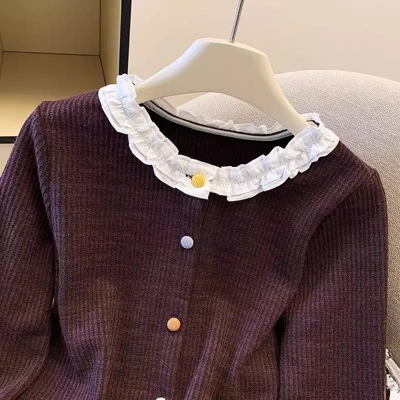 Spring & Autumn Patchwork Ruffle Slimming Cardigan with Colorful Buttons - Women's Long Sleeve Base Top