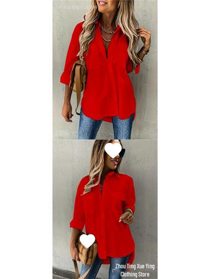 European American Women's Versatile Pocketed Long-Sleeve Lapel Shirt