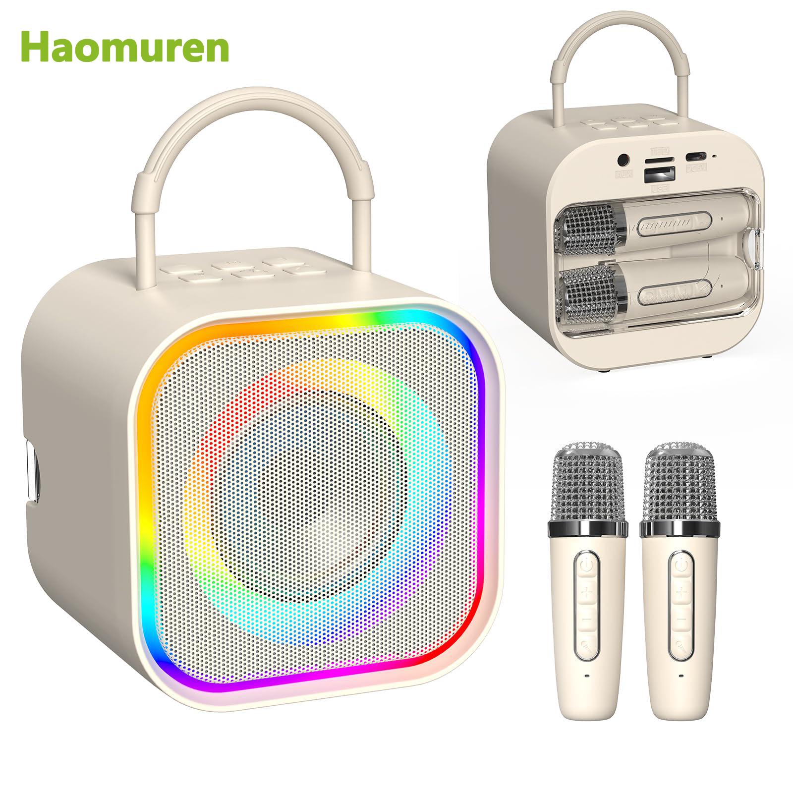Haomuren Mini Karaoke Machine for Kids Girls Portable All in one Bluetooth Karaoke Speaker with 2 mic for Home Party Toys Gifts Beige Dual Mic