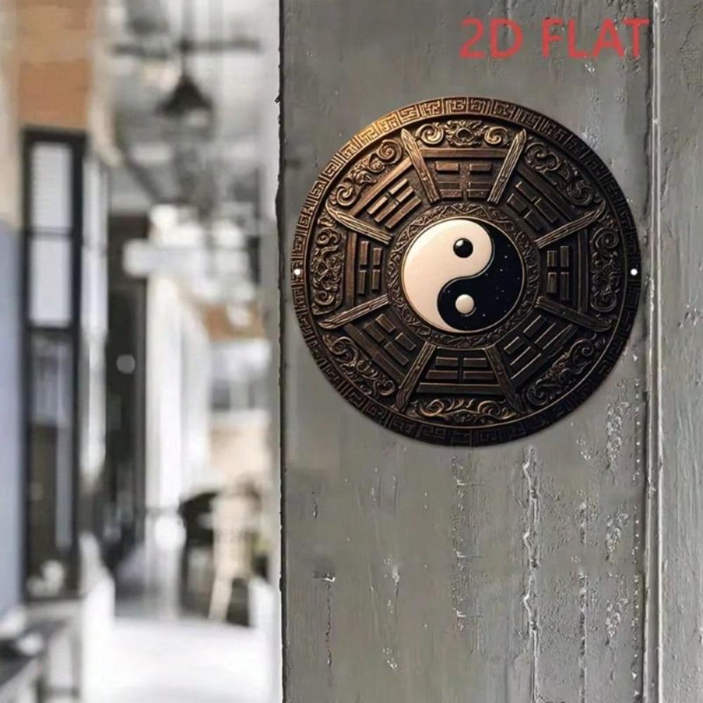 Metal Wall Poster Taoism Taiji Bagua Pattern Vintage Round for Living Room